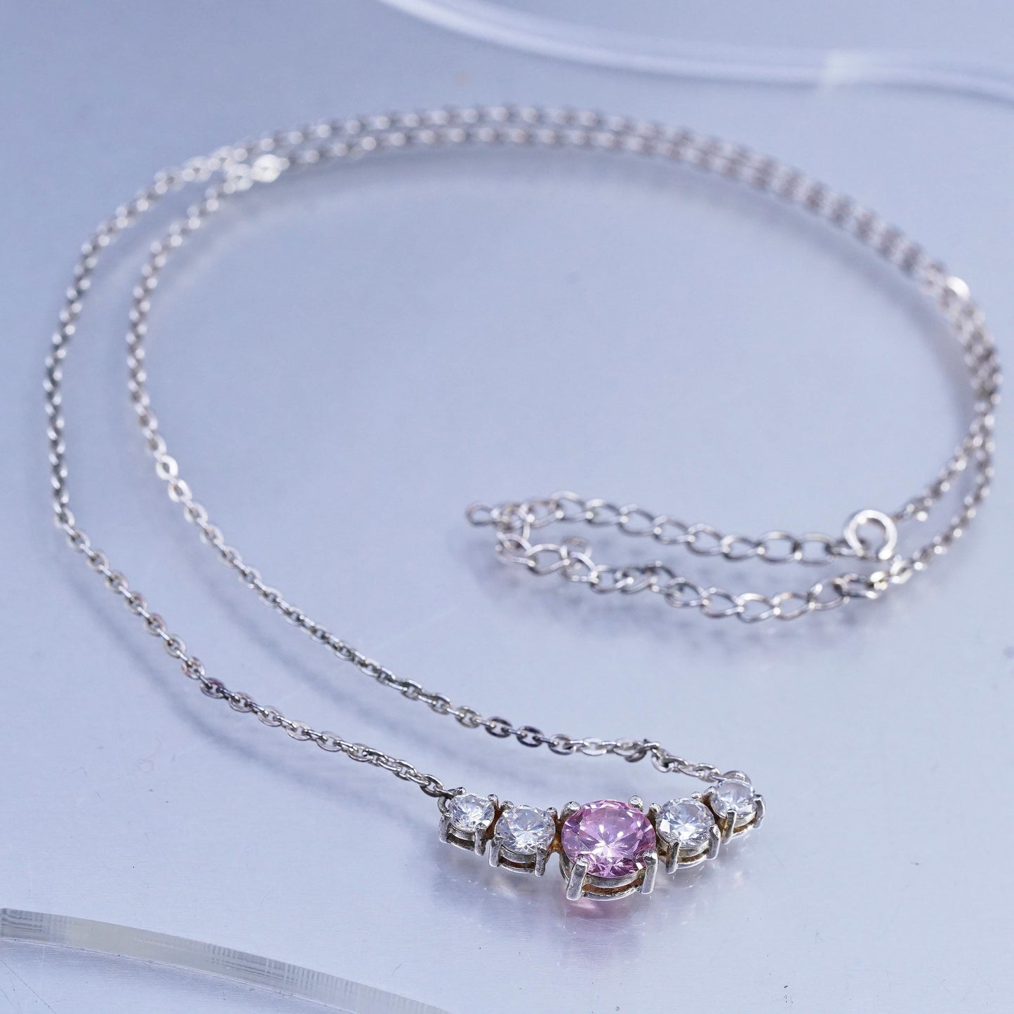18+3", Vintage sterling 925 silver necklace, rope chain w/ pink crystal pendant