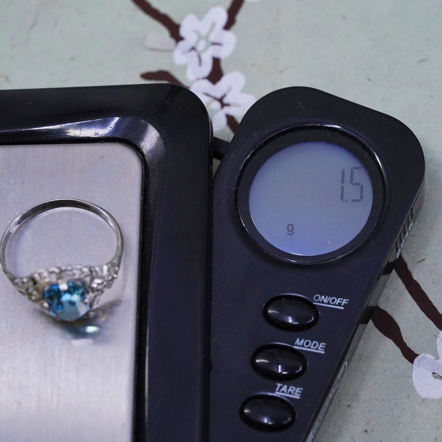 Size 6.5, 925 Sterling silver ring with blue Rhinestone, engagement ring
