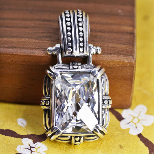 Vintage Sterling 925 silver handmade bead textured pendant with cz