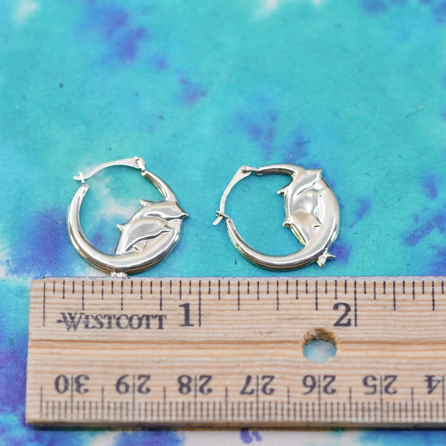 vintage 14K yellow gold with 925 sterling silver earrings, couple dolphin hoops