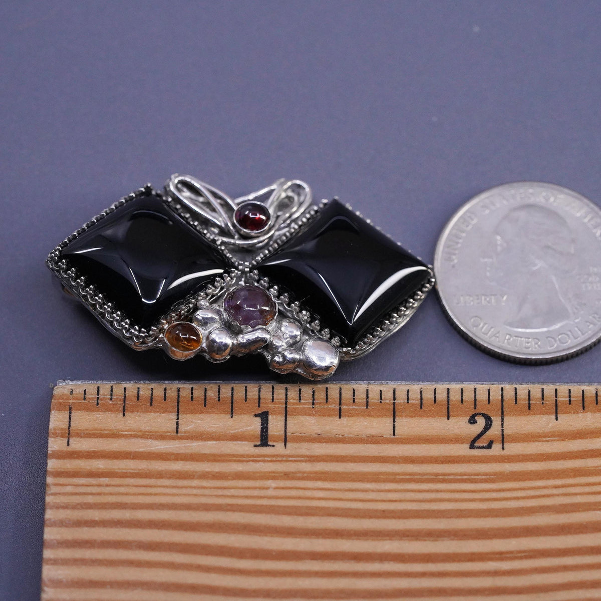 Vintage Southwestern Sterling 925 Silver Onyx Brooch Pendant Amethyst Garnet Pin