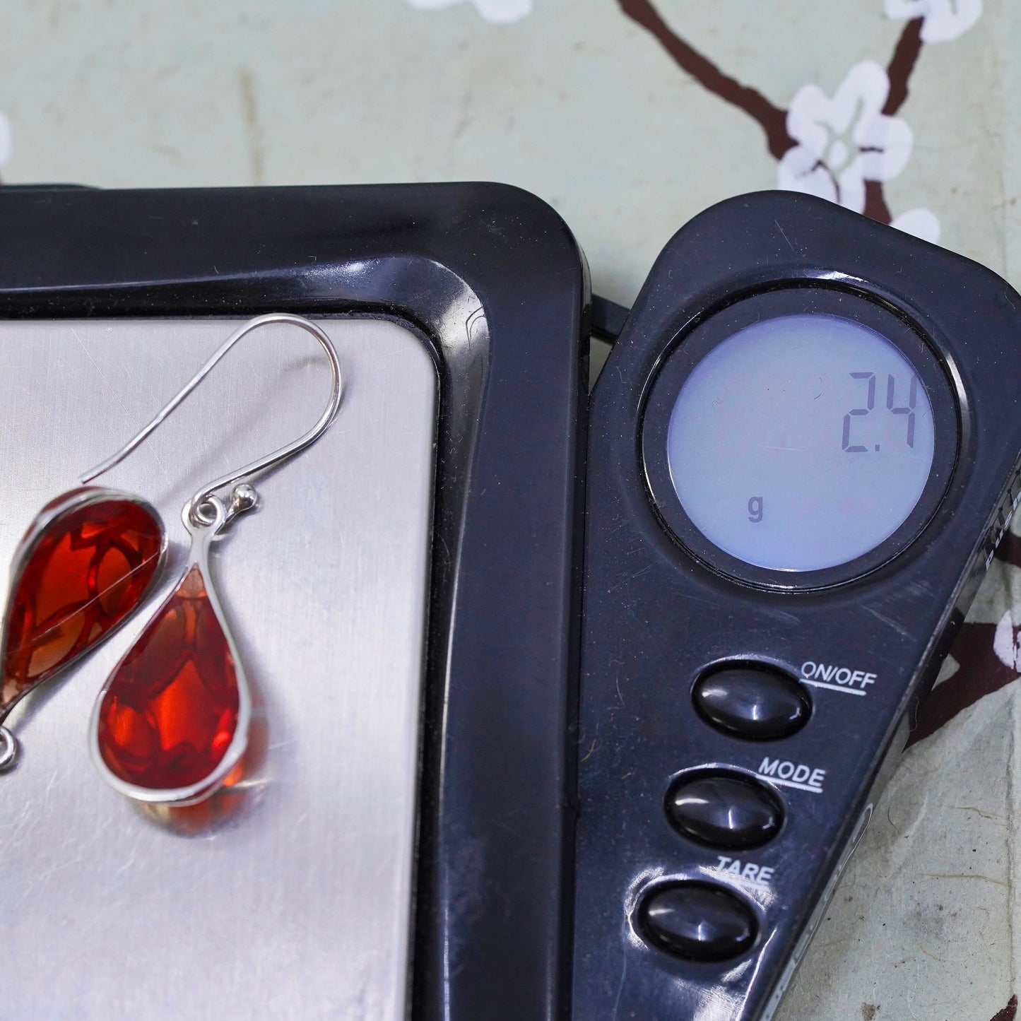 Vintage sterling 925 silver handmade teardrop earrings with red resin inlay