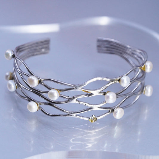 7", DAMAGED! Sterling 925 silver bracelet, ocean wave cuff freshwater pearls