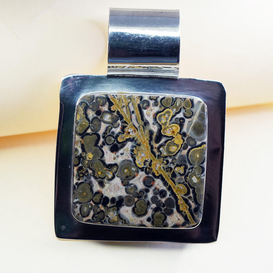 Vintage Mexican sterling 925 silver handmade huge pendant with square jasper