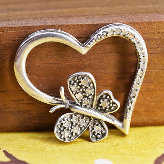 Vintage sterling silver pendant, 925 butterfly heart w/ cluster genuine diamond