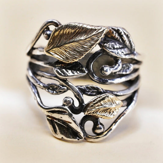 Size 6.75, Israel Pz Or Paz two tone Sterling silver ring, 925 Leafy vine band
