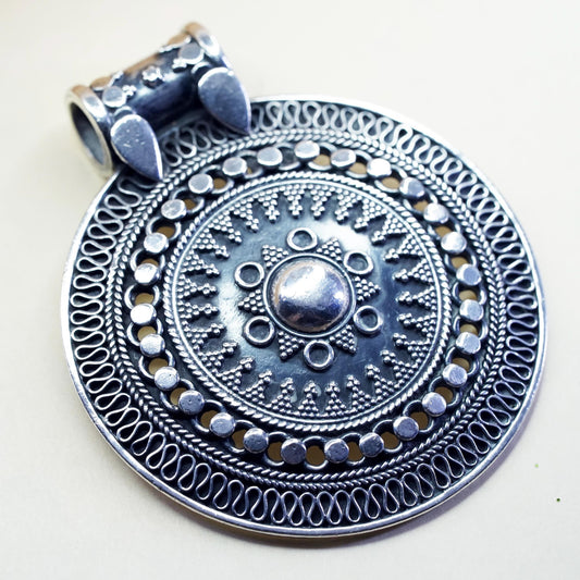 vintage sterling silver handmade huge pendant, 925 filigree Bali circle