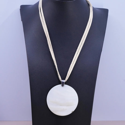 18", sterling 925 Silver necklace, double strands leather huge MOP pendant