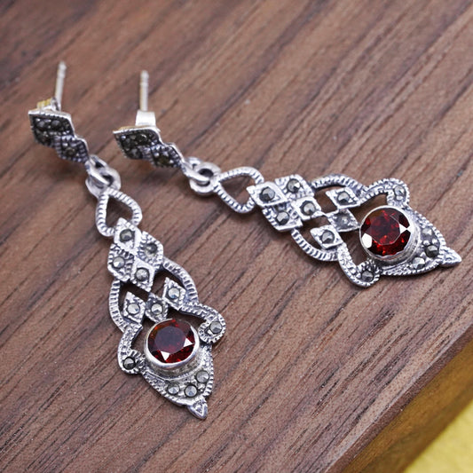 Vintage Sterling 925 silver handmade earrings with ruby and marcasite around
