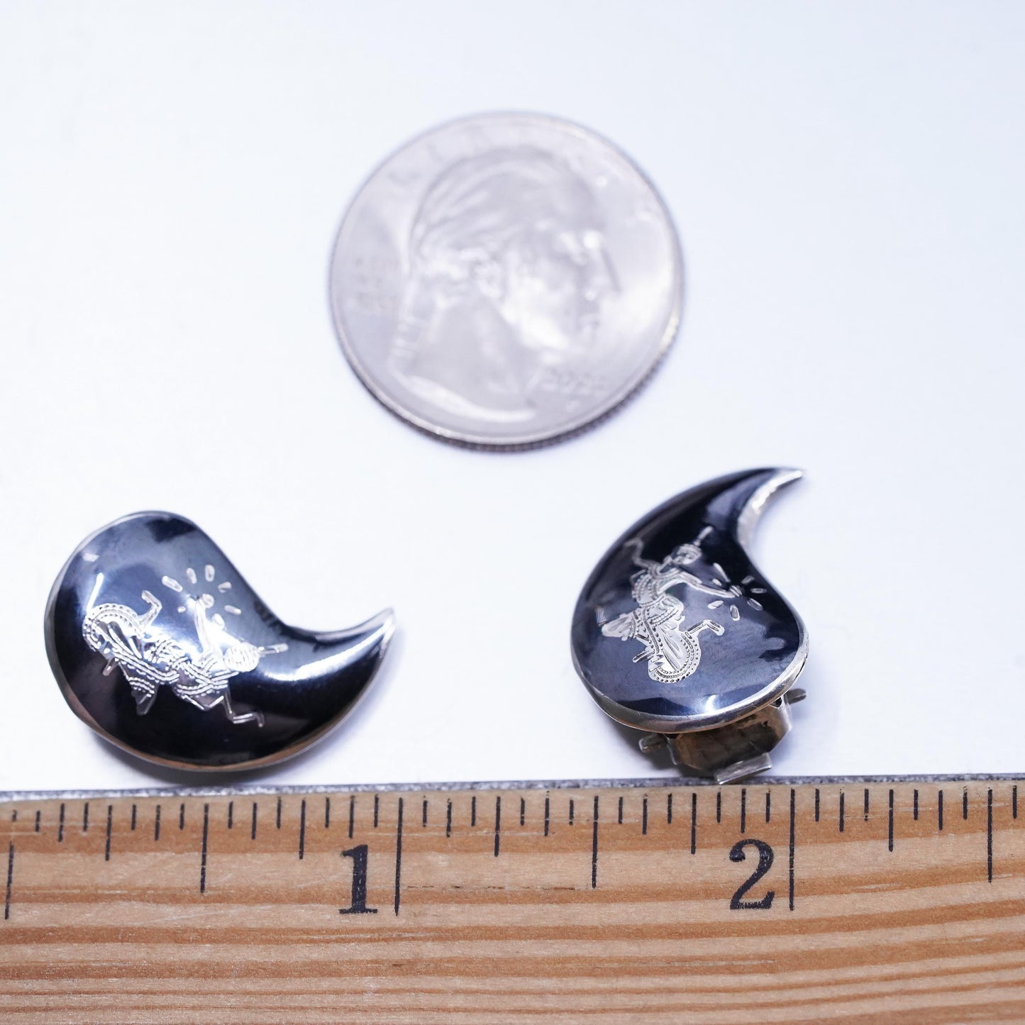 Vintage Siam sterling silver clip on earrings, 925 teardrop earrings, niello