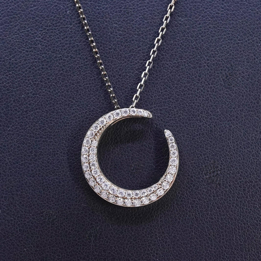 18+2", yellow gold plated Sterling 925 silver necklace cluster cz moon pendant
