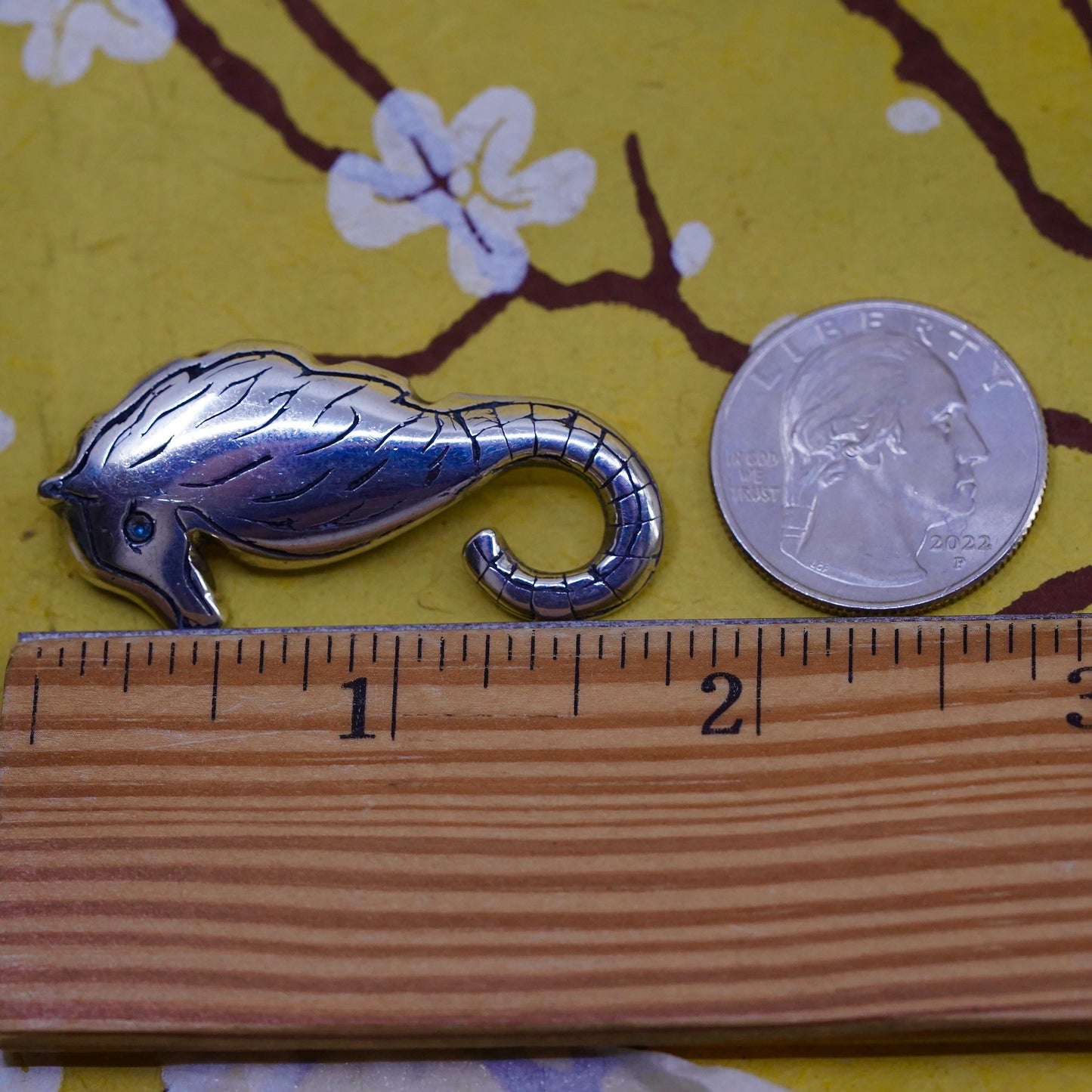 Vintage handmade sterling 925 silver seahorse brooch pin with blue topaz eye