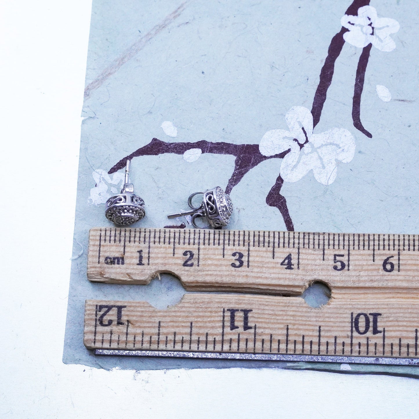 Vintage sterling silver handmade earrings, 925 studs with cluster diamonds