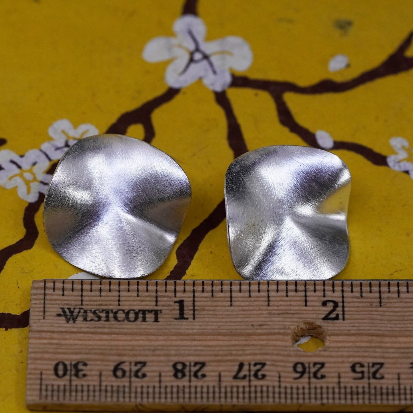 Vintage Sterling silver handmade matte earrings, elegant 925 wavy studs