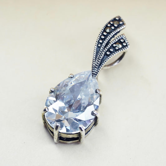 Vintage sterling silver pendant, 925 teardrop charm with clear cz and marcasite