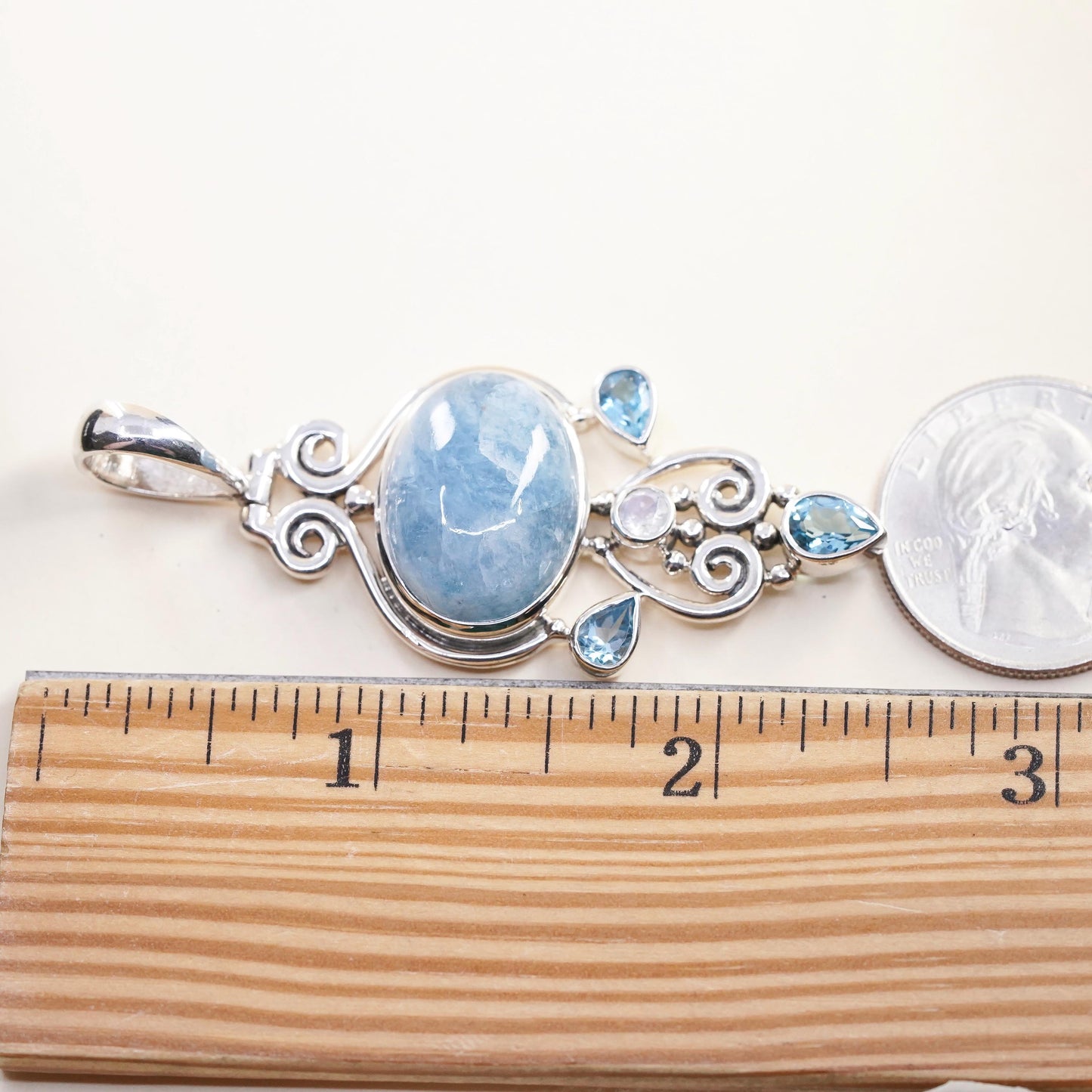 Vintage ARYA Aquamarine Blue Topaz Moonstone Sterling Silver Pendant, Statement Jewelry, Artisan Gemstone, stamped 925 Arya