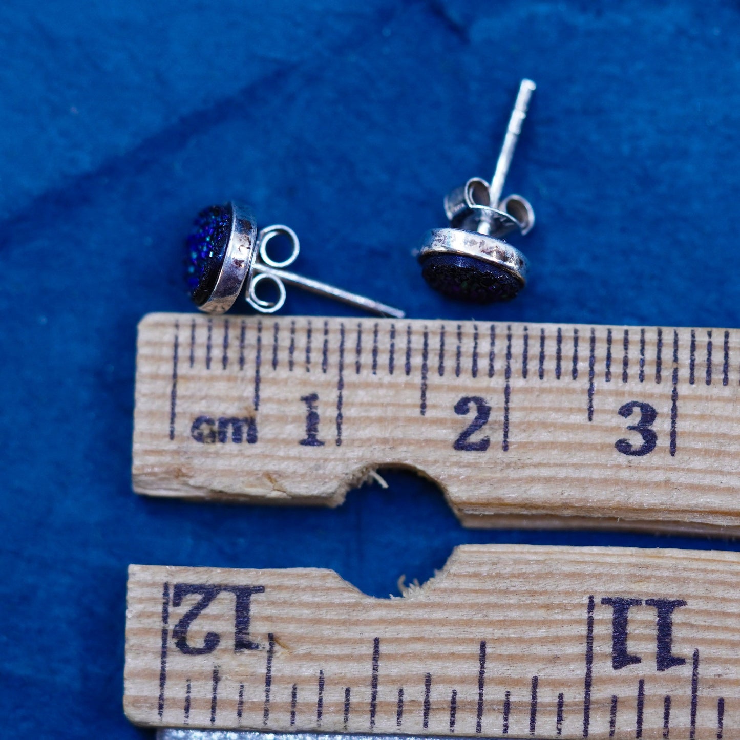 Vintage sterling silver handmade earrings, 925 round studs with purple druzy