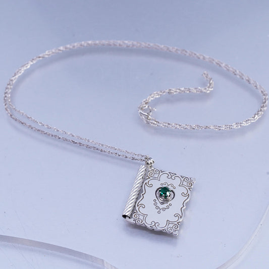 20" sterling 925 silver Singapore rope necklace emerald book pendant with love