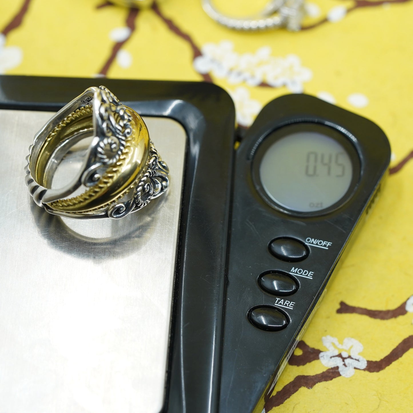 Size 10, VTG SW Carolyn Pollack Two Tone Brass Sterling Silver filigree Ring