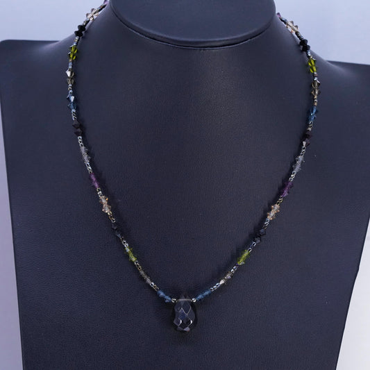 16”, Sterling 925 silver necklace crystal beads teardrop smoky quartz pendant