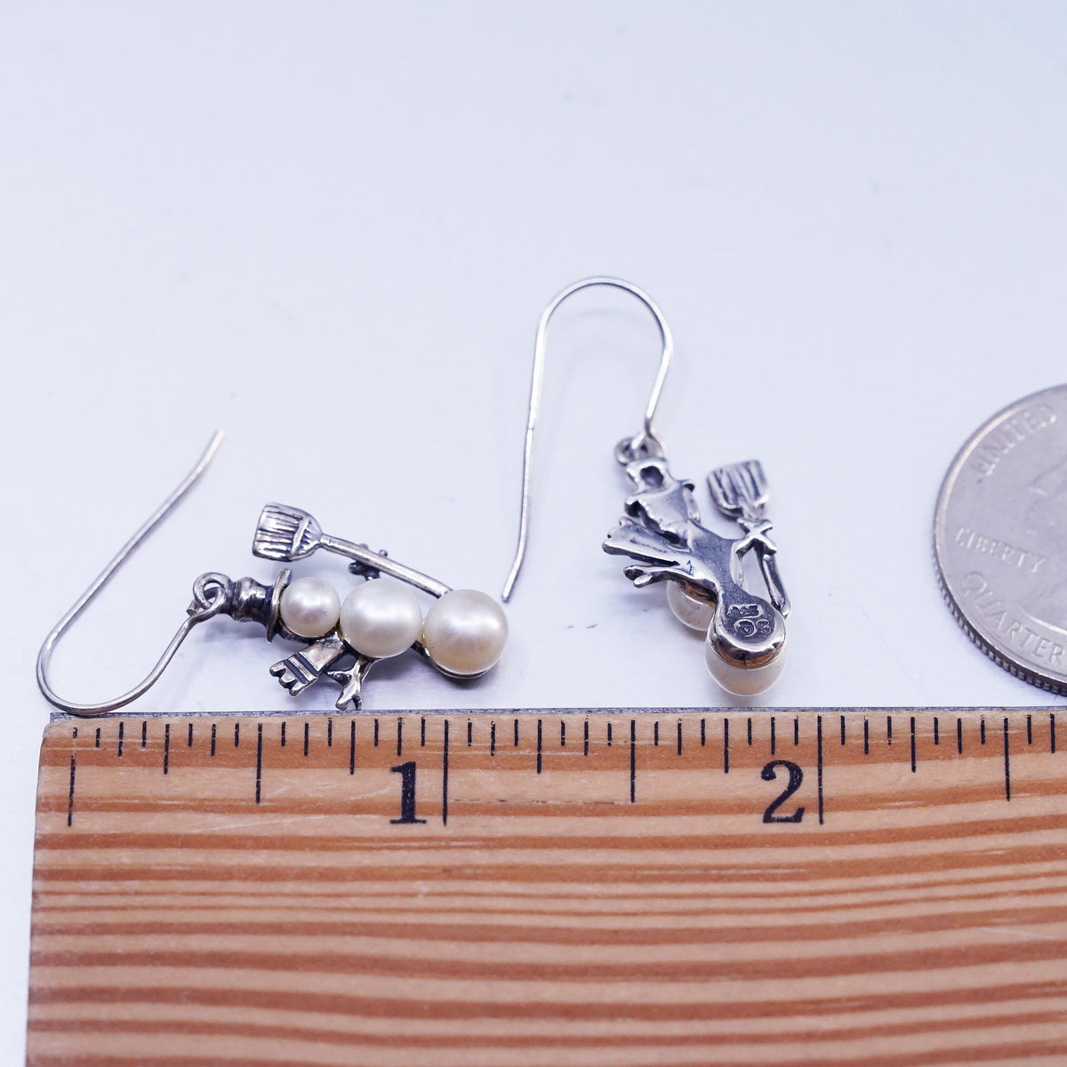 Vintage 925 Sterling Silver Snowman Earrings with Triple-Drop Pearl