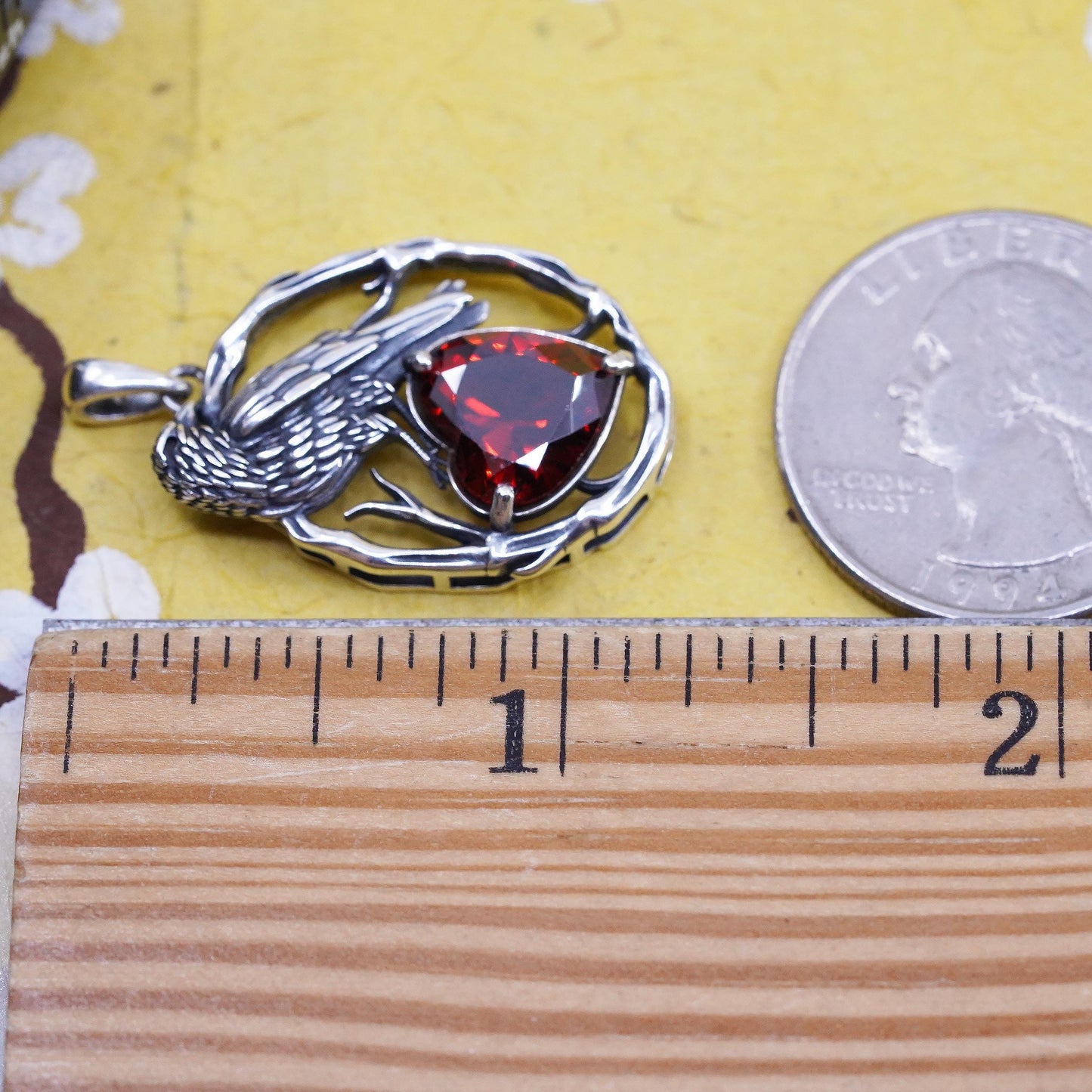Garnet Heart Raven Pendant, Sterling Silver 925 Crow Bird Oval, Red 925 Jewelry