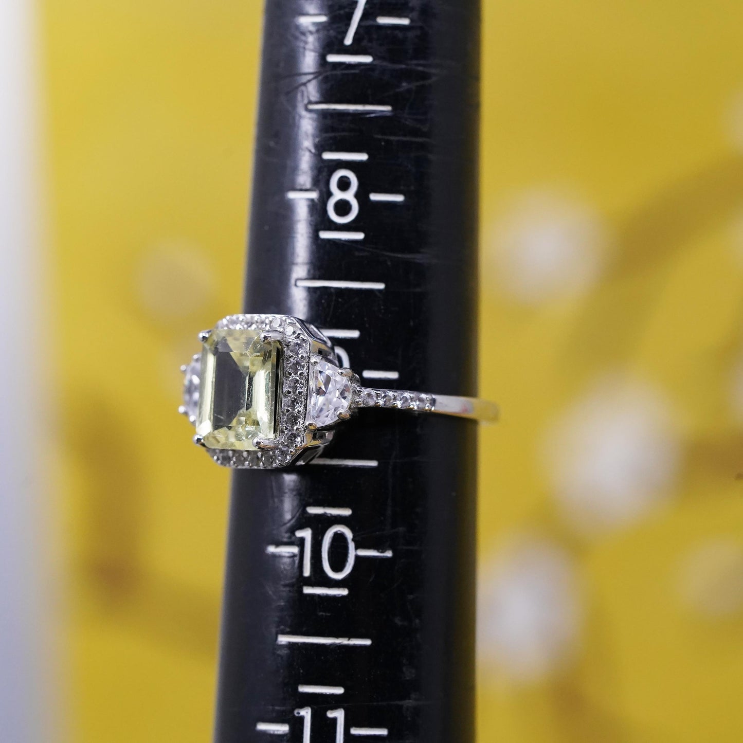 Size 9, vintage BBJ Sterling 925 silver ring with emerald cut citrine and cz