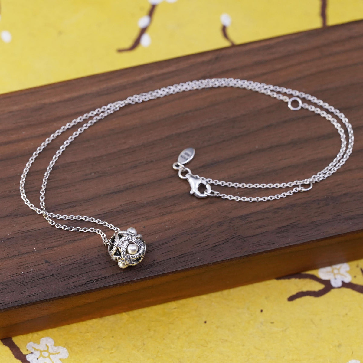 16+2”, ALE Pandora Sterling 925 silver necklace, circle pearl charm pendant