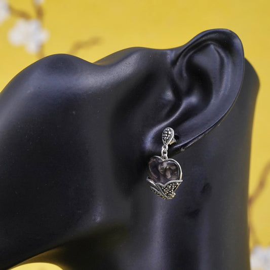 Vintage sterling 925 silver handmade earrings with heart amethyst and marcasite