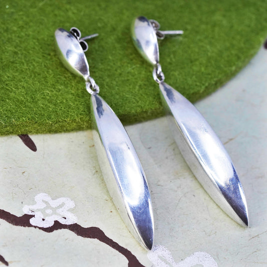 Vintage modern sterling silver handmade earrings, ribbed 925 teardrop dangles