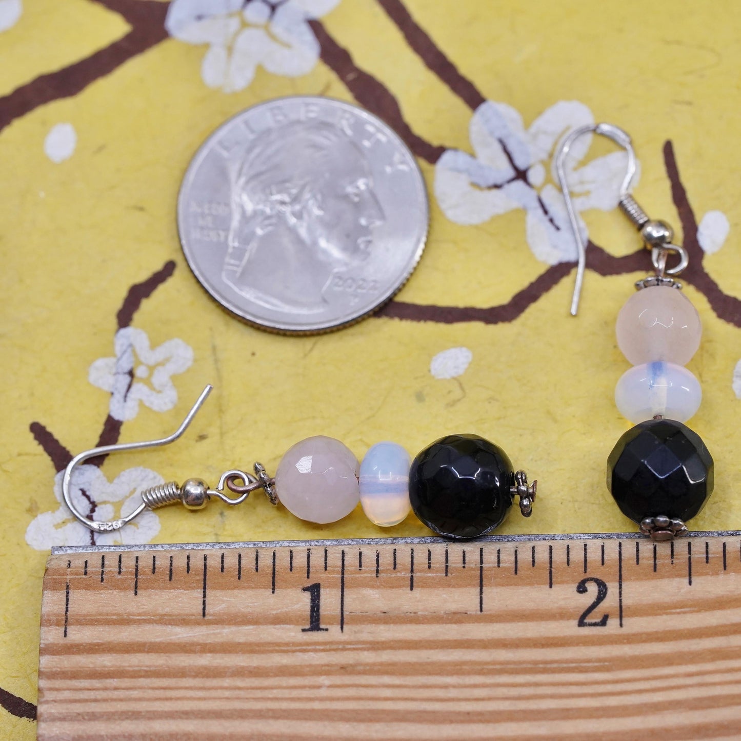 Vintage Sterling 925 silver handmade earrings with onyx opal pink quartz beads