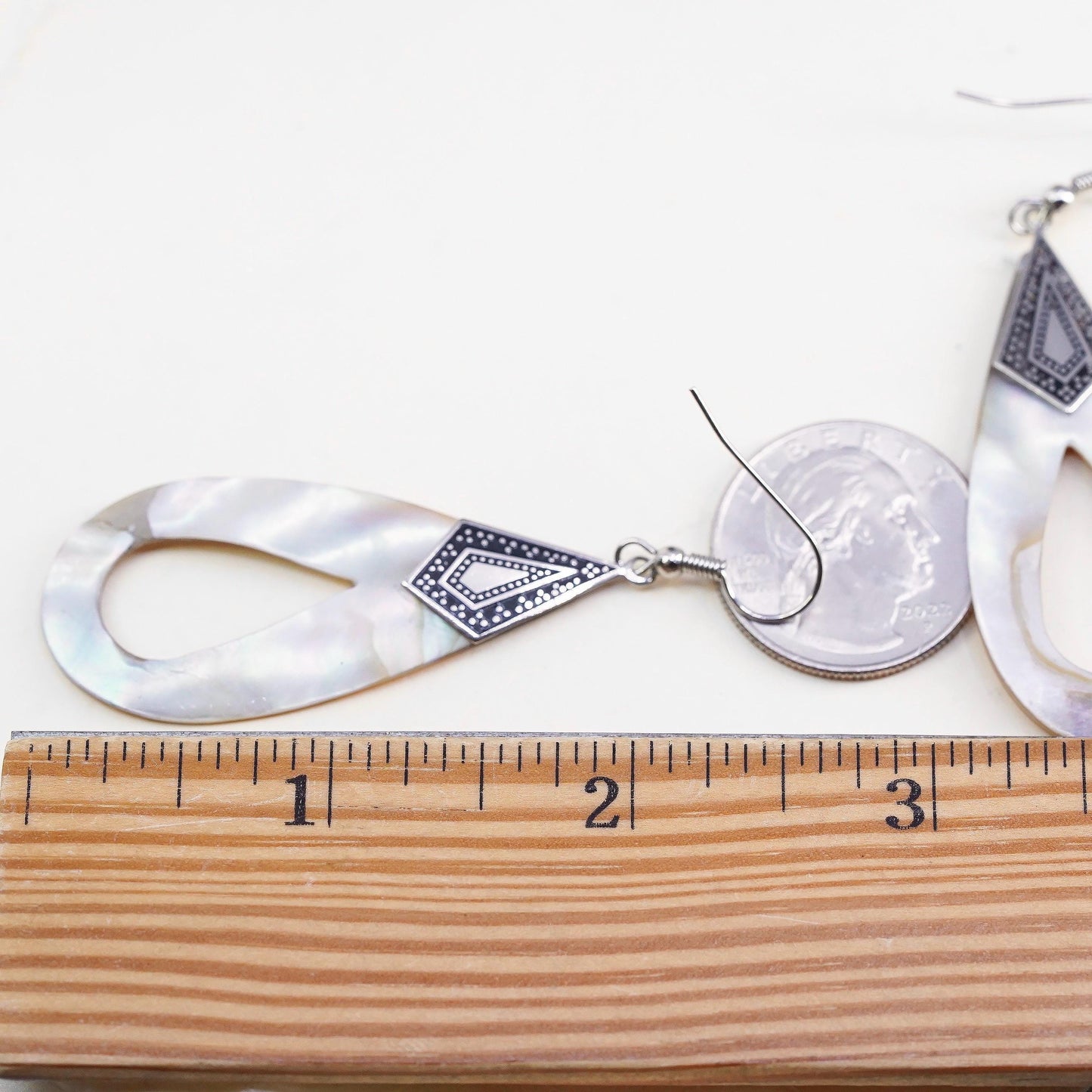 Vintage sterling silver earrings, mother of pearl teardrops 925 silver hooks