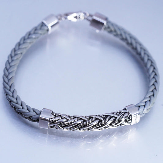 7.5", EFFY Men's Woven Gray Leather Bracelet with Sterling Silver 925 Cable bar