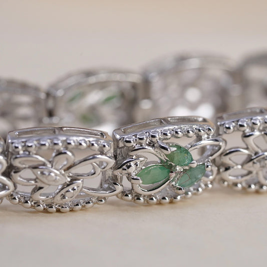 7.25", VTG Sterling 925 silver filigree tennis bracelet ruby emerald sapphire