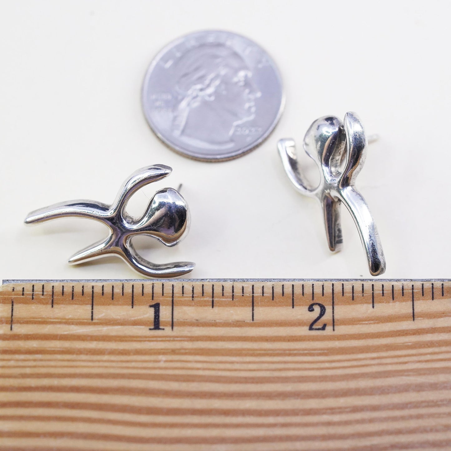 Vintage 950 Sterling Silver Abstract Figure Earrings, Artisan Sculptural Studs