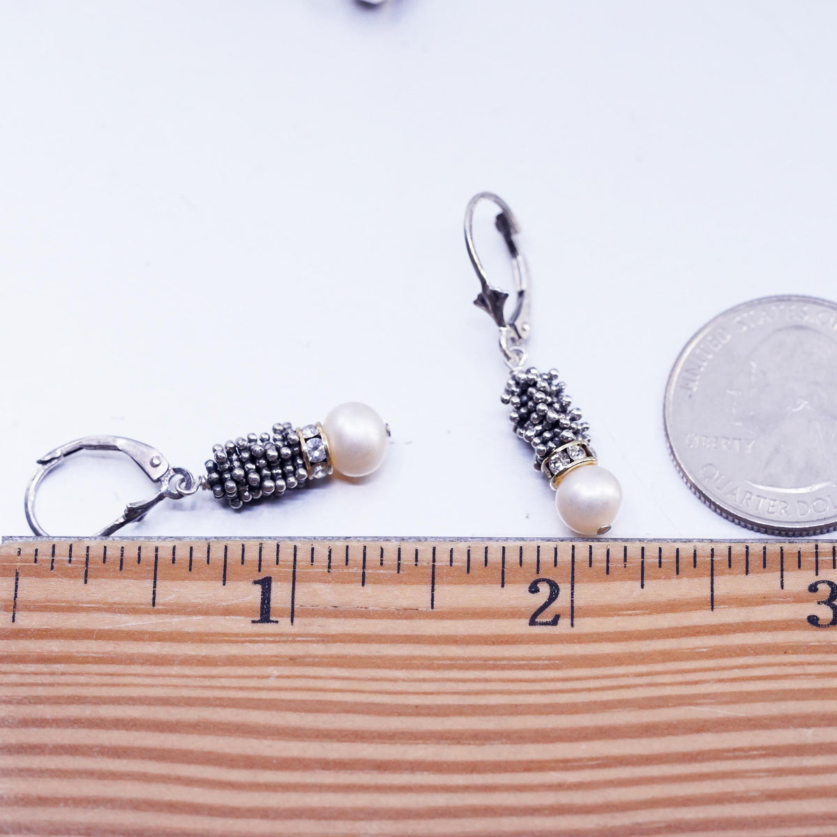 Sterling Silver 925 Pearl Drop Earrings, Rhinestone Dangles, Oxidized Leverback