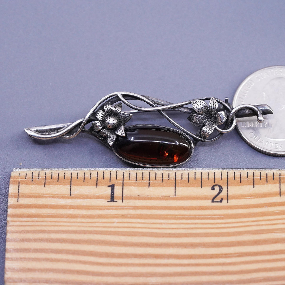 Sterling 925 Silver Amber Brooch Pin, Floral Vine Baltic pendant, Art Nouveau