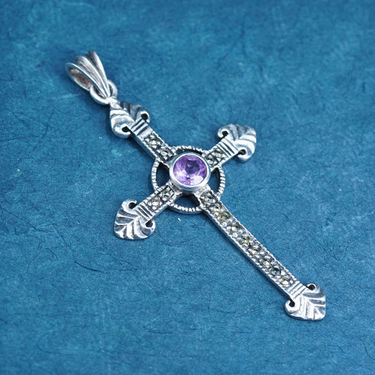 Vintage sterling 925 silver handmade cross pendant with amethyst and marcasite