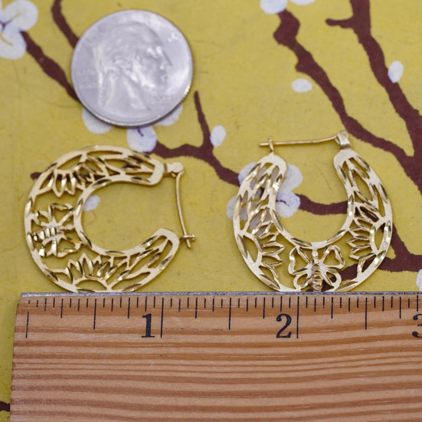 1.25", vermeil gold over Sterling silver earrings, 925 filigree huggie hoops