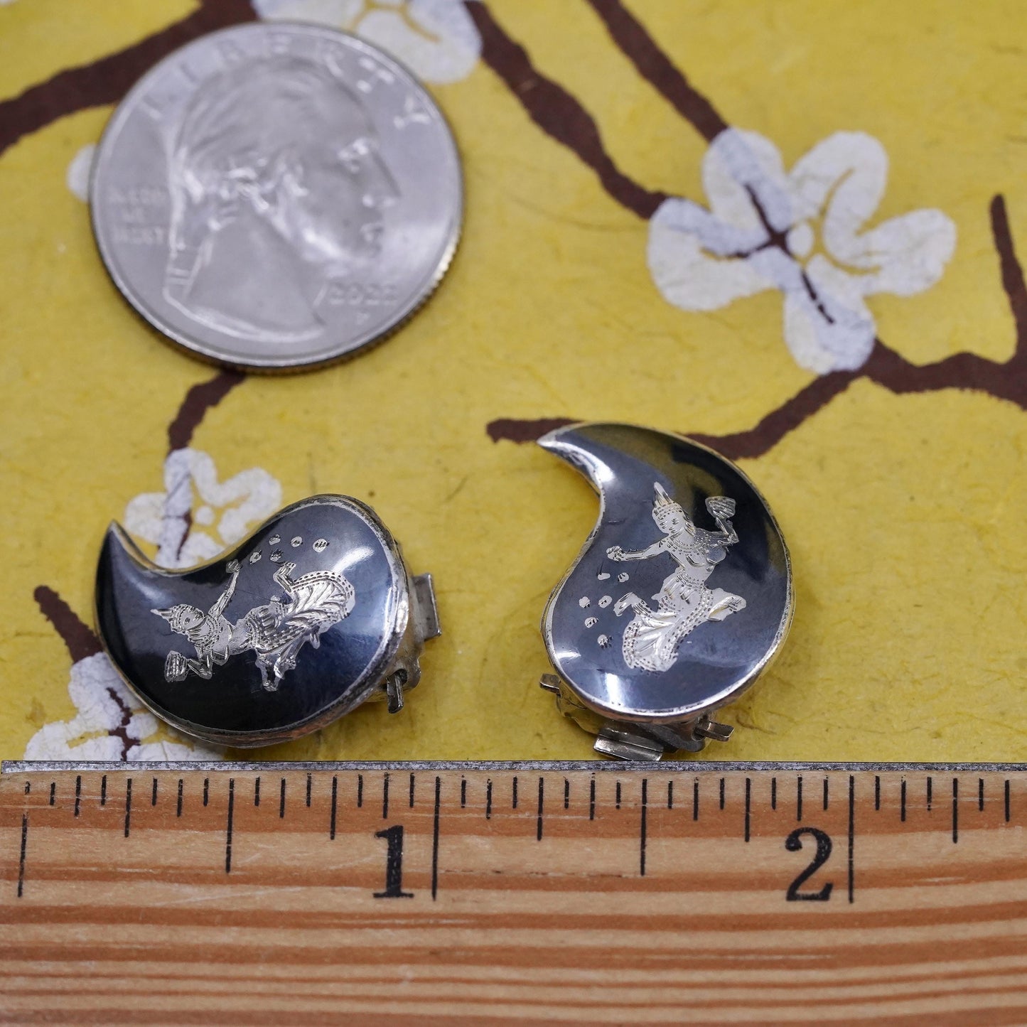 Siam sterling silver clip on earrings, 925 India teardrop earrings, niello