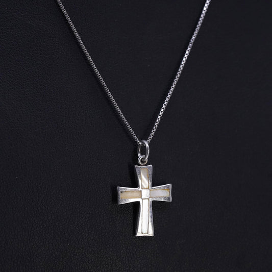 16" 1mm, vintage Sterling 925 silver box necklace mother of pearl cross pendant