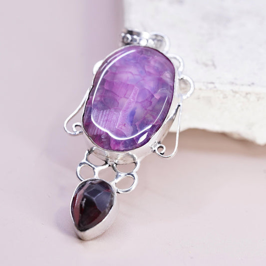 Vintage Sterling 925 silver handmade pendant with purple agate teardrop garnet