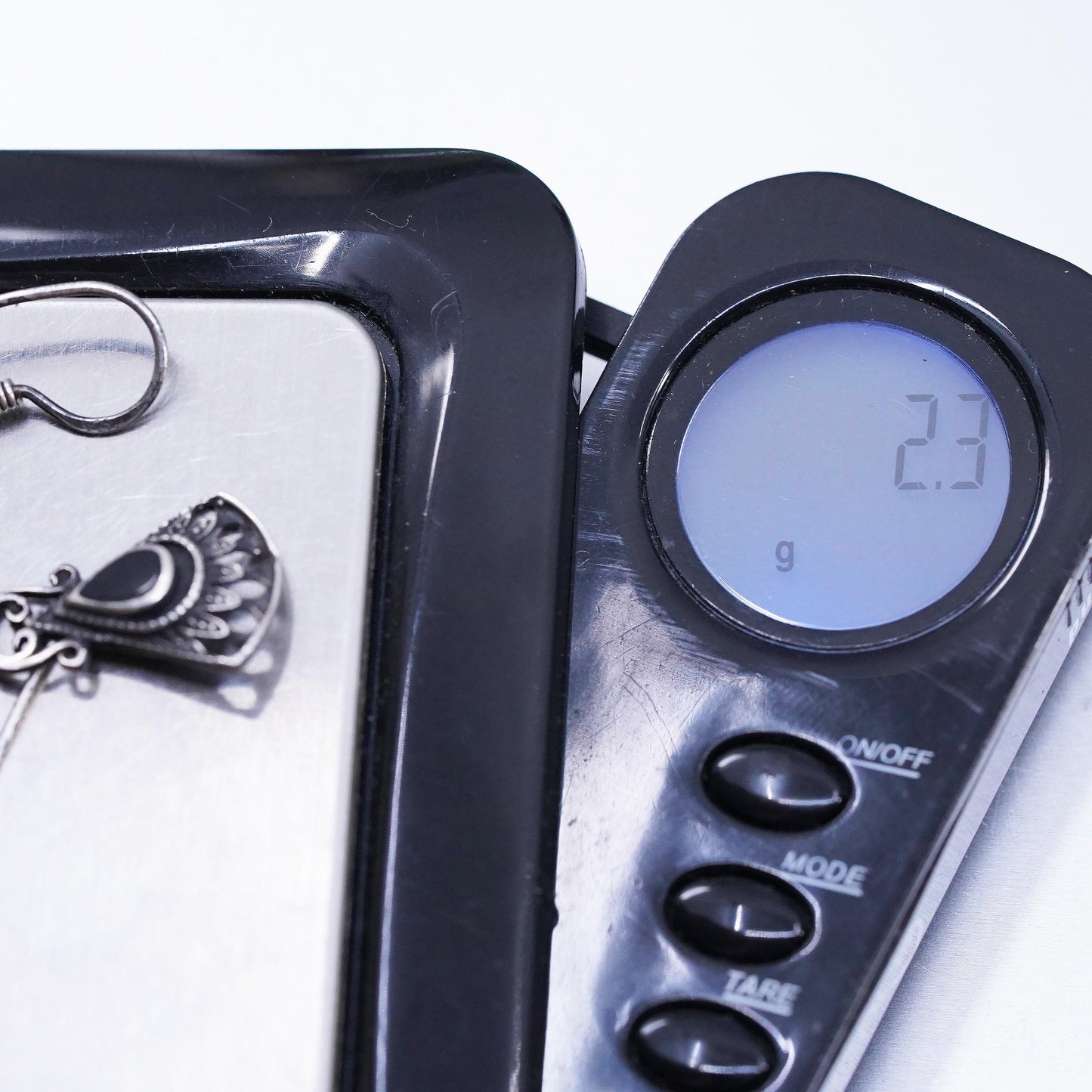 Vintage Sterling 925 silver handmade fan shaped earrings with black onyx