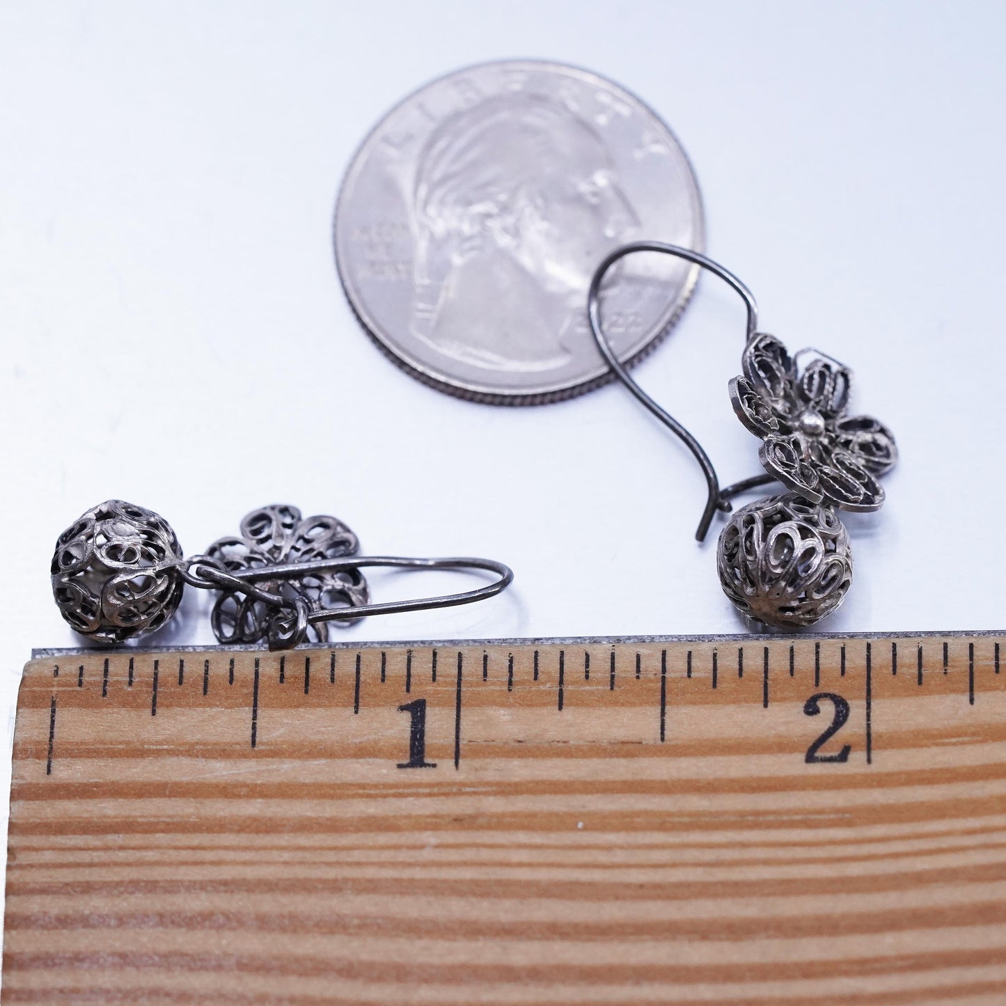 Vintage Sterling 925 silver handmade filigree flower and bead earrings