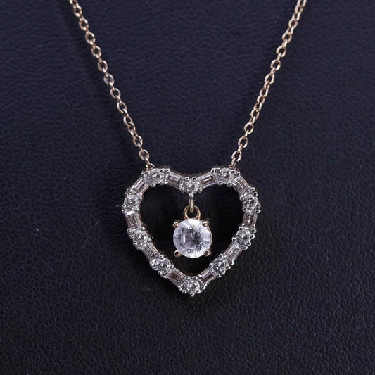 18" rose gold pleated Sterling silver necklace, 925 circle cz heart pendant