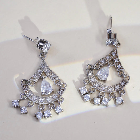 925 Sterling Silver Cluster CZ Chandelier Earrings, Teardrop Wedding Dangles
