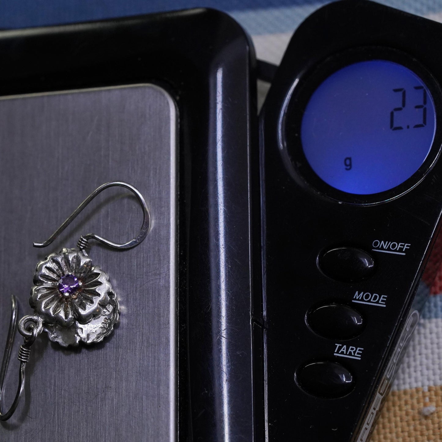 Vintage sterling silver handmade earrings, 925 flower with amethyst