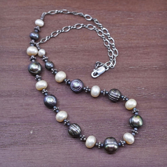 14”, vintage sterling silver 925 necklace, figaro chain with pearl