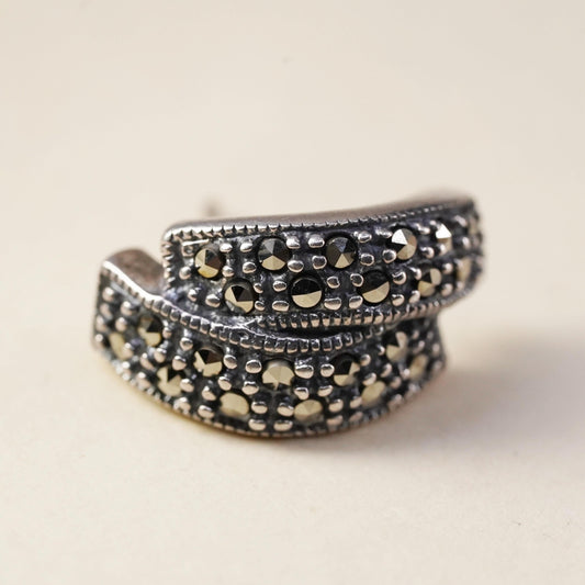 Vintage Sterling 925 silver handmade oval stud with Marcasite, single earring