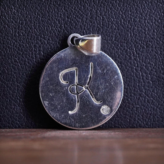 Vintage Sterling silver initial pendant, 925 circle with letter K